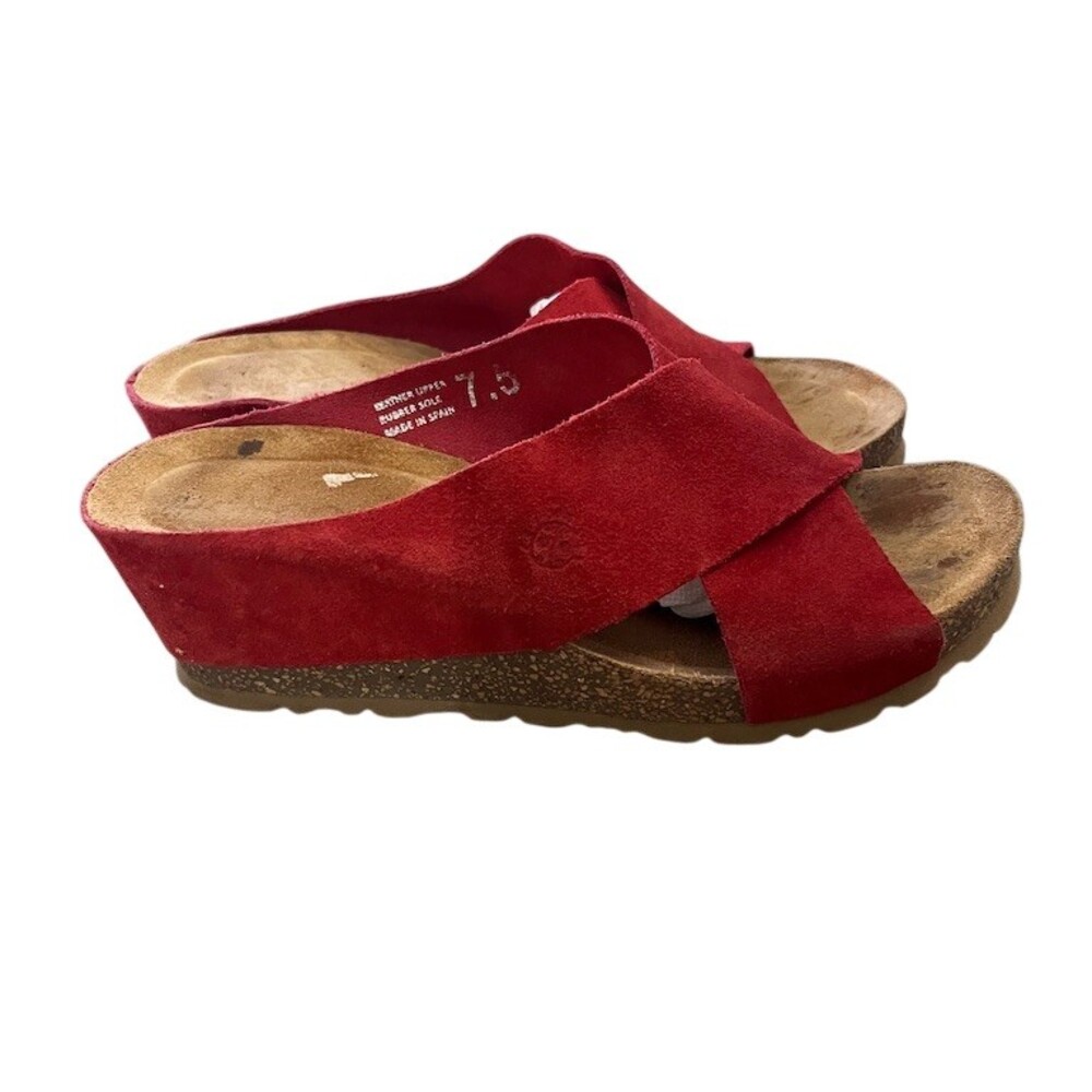 Yokono Sandals Womens 7.5 Red Suede Cross Strap Cork Wedge Slide